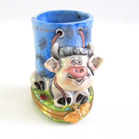 Limoges France Cow Denim Bag Trinket Box Pen Cup Limited Edition 72/750